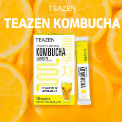 TEAZEN Kombucha Limón – Bebida instantánea probiótica de té – 10 sobres – Sin azúcar, vegano, bajo en calorías – Té fermentado c