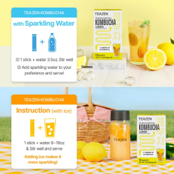TEAZEN Lemon Kombucha – Instant Probiotic Tea Drink – 10 Sachets – Sugar-Free, Vegan, Low-Calorie – Korean Fermented Tea with Pr