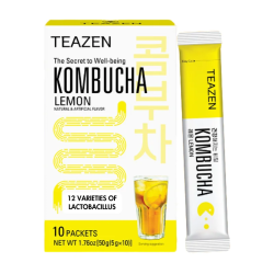 TEAZEN Lemon Kombucha – Instant Probiotic Tea Drink – 10 Sachets – Sugar-Free, Vegan, Low-Calorie – Korean Fermented Tea with Pr