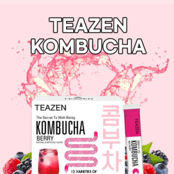 TEAZEN Kombucha Berry – Bebida instantánea de té probiótico – 10 sobres – Sin azúcar, Vegana, Baja en calorías – Té fermentado c